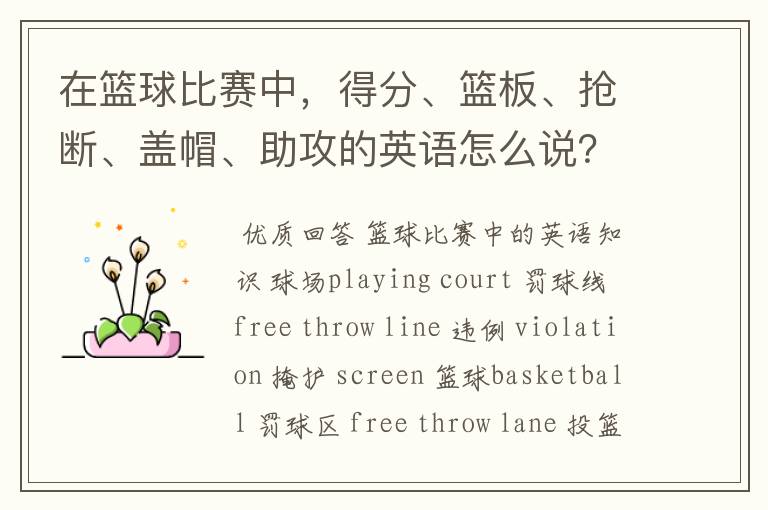 在篮球比赛中,得分、篮板、抢断、盖帽、助攻的英语怎么说?
