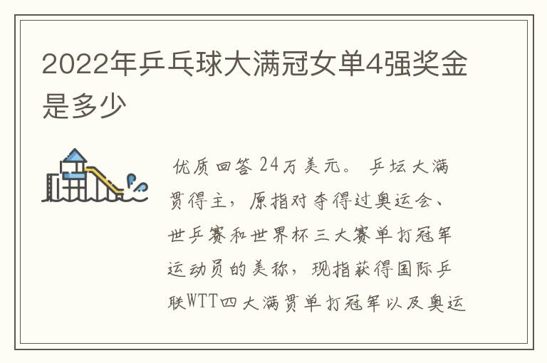 2022年乒乓球大满冠女单4强奖金是多少