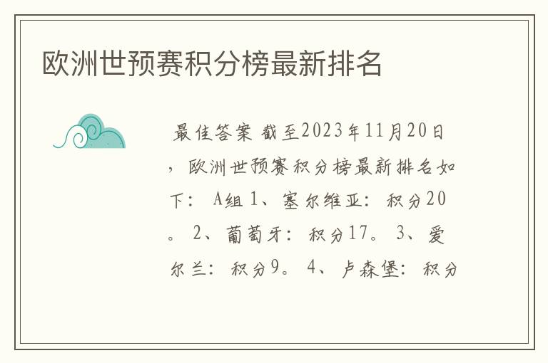 欧洲世预赛积分榜最新排名