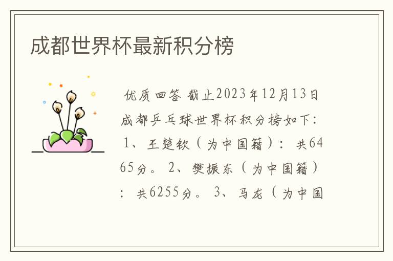 成都世界杯最新积分榜