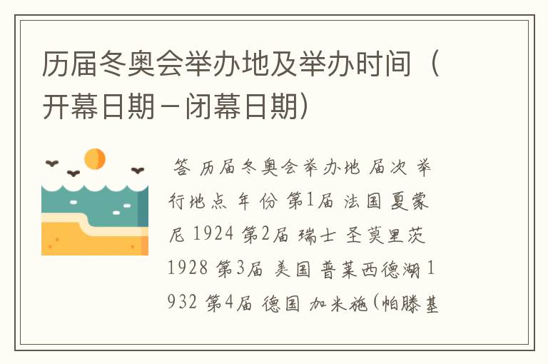 历届冬奥会举办地及举办时间(开幕日期-闭幕日期)