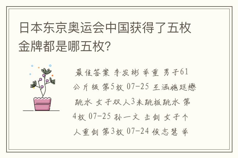 日本东京奥运会中国获得了五枚金牌都是哪五枚?
