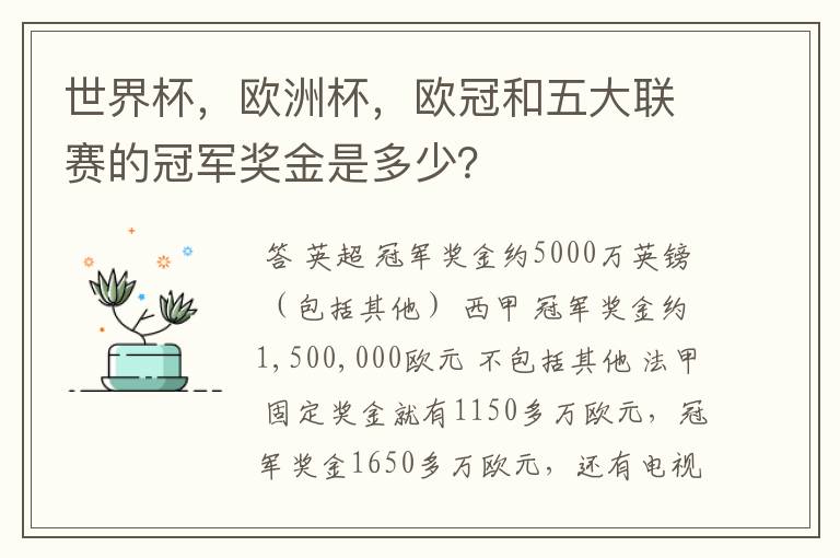 世界杯,欧洲杯,欧冠和五大联赛的冠军奖金是多少?