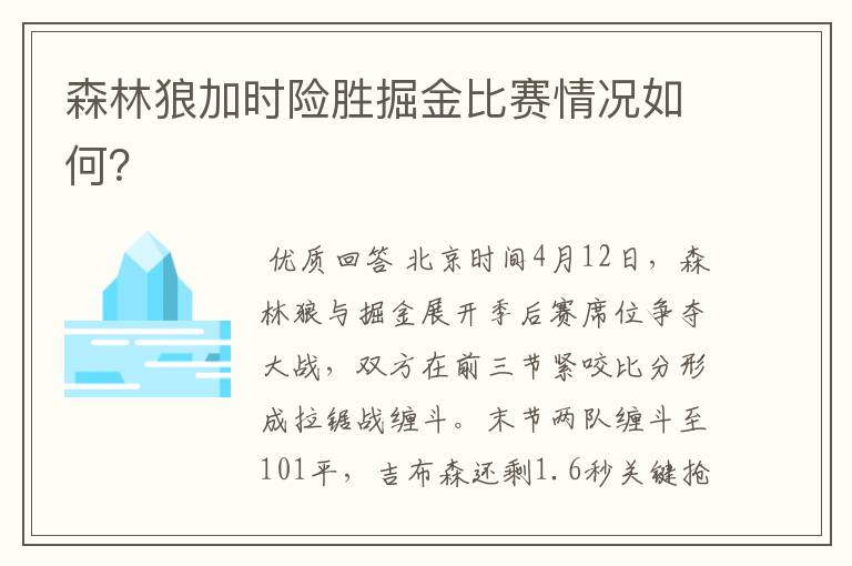森林狼加时险胜掘金比赛情况如何?
