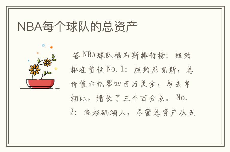 NBA每个球队的总资产