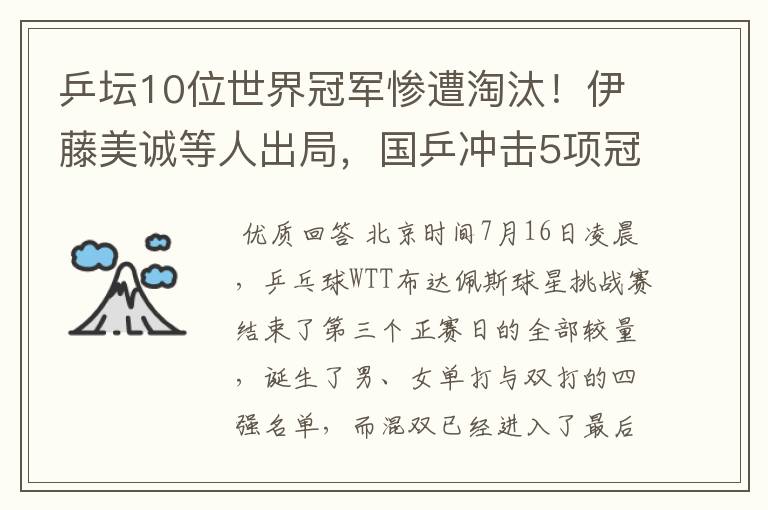 乒坛10位世界冠军惨遭淘汰!伊藤美诚等人出局,国乒冲击5项冠军