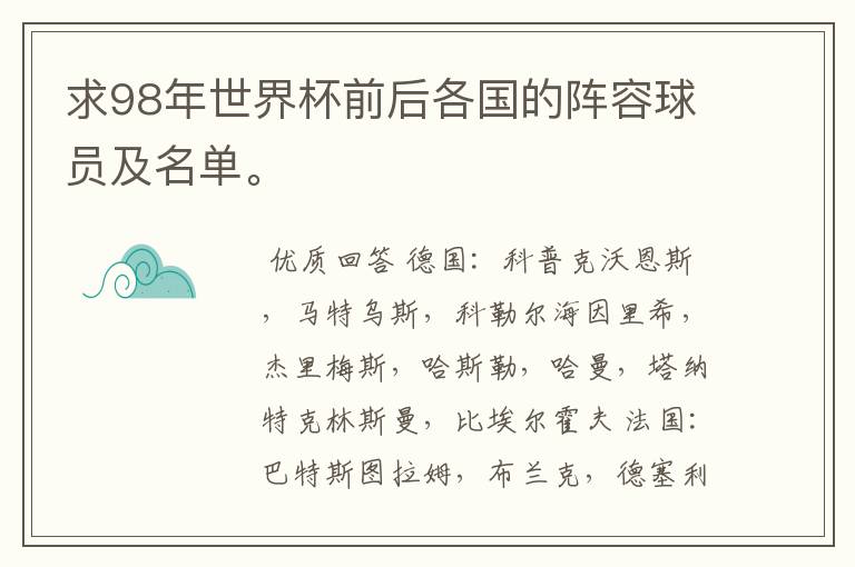 求98年世界杯前后各国的阵容球员及名单。