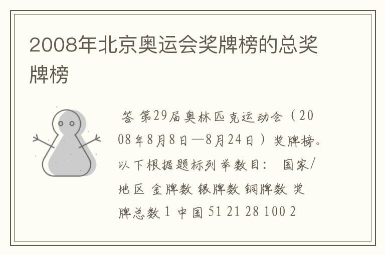 2008年北京奥运会奖牌榜的总奖牌榜