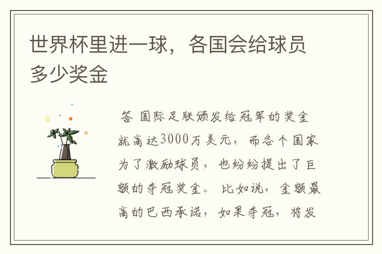 世界杯里进一球,各国会给球员多少奖金