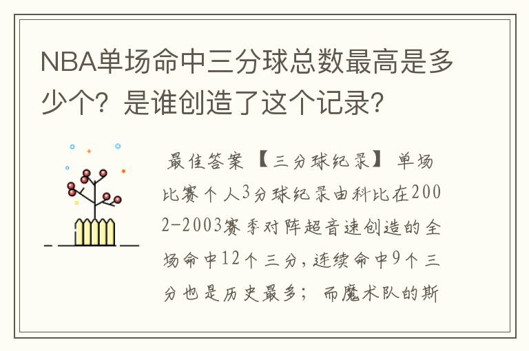 NBA单场命中三分球总数最高是多少个?是谁创造了这个记录?