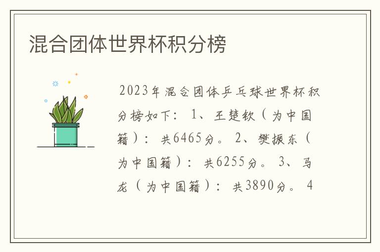 混合团体世界杯积分榜