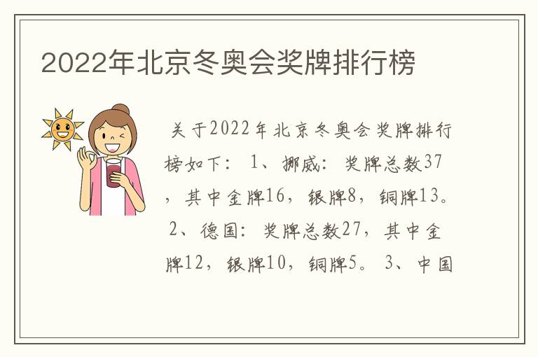 2022年北京冬奥会奖牌排行榜