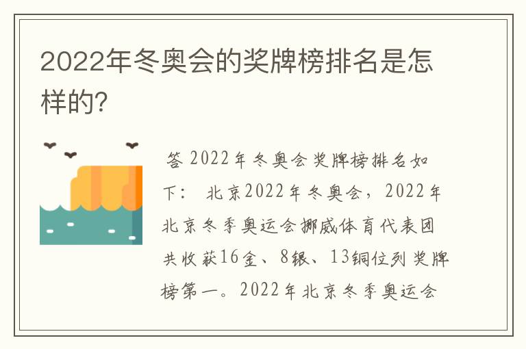 2022年冬奥会的奖牌榜排名是怎样的?
