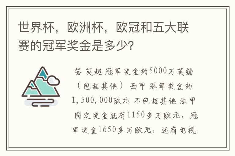 世界杯,欧洲杯,欧冠和五大联赛的冠军奖金是多少?