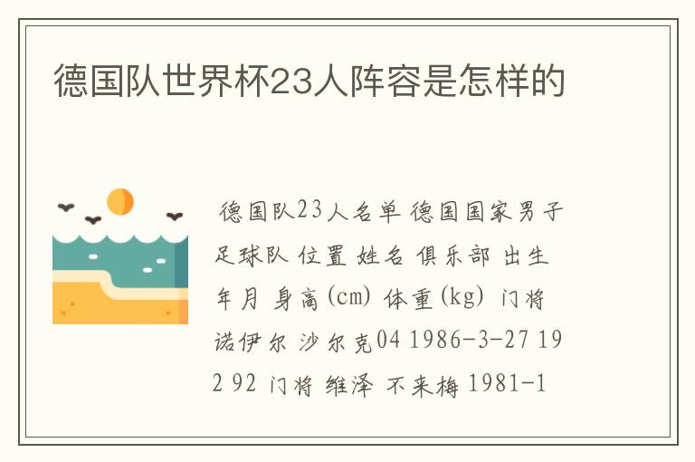 德国队世界杯23人阵容是怎样的