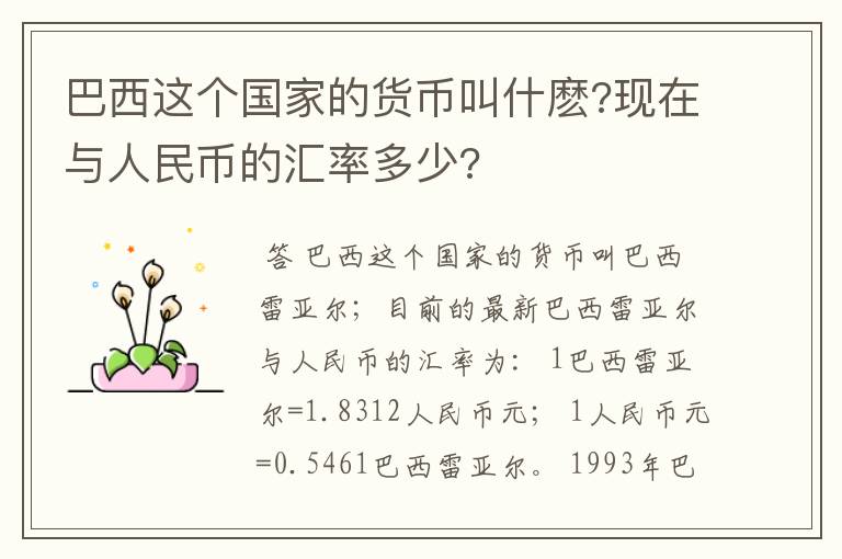 巴西这个国家的货币叫什麽?现在与人民币的汇率多少?