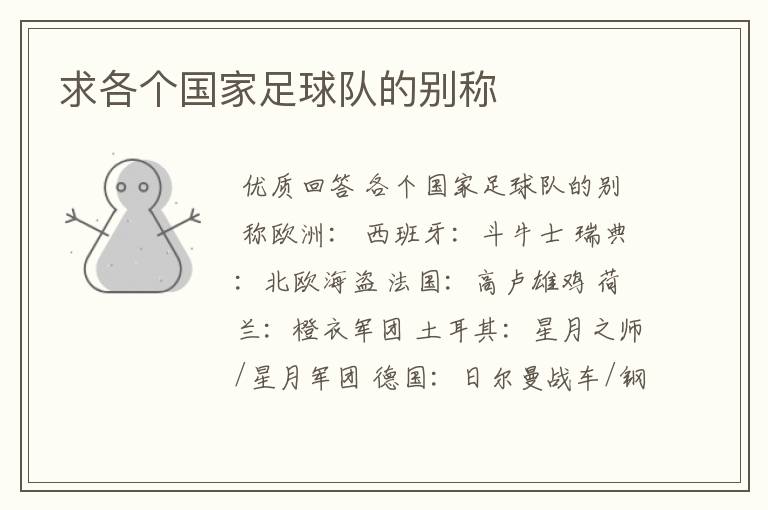 求各个国家足球队的别称