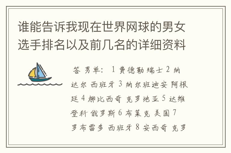 谁能告诉我现在世界网球的男女选手排名以及前几名的详细资料 都有哪些重要赛事