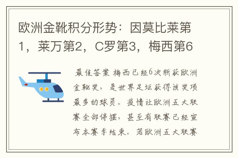 欧洲金靴积分形势:因莫比莱第1,莱万第2,C罗第3,梅西第6