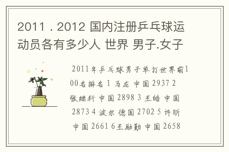 2011 . 2012 国内注册乒乓球运动员各有多少人 世界 男子.女子 排名前100的名单