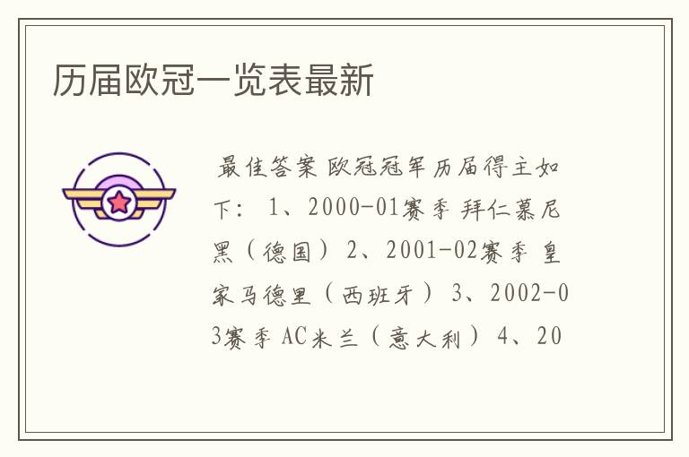 历届欧冠一览表最新