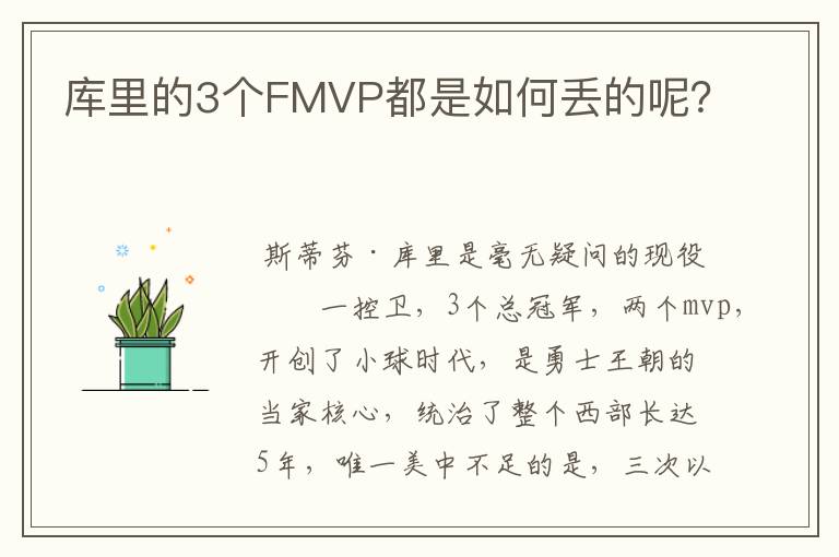 库里的3个FMVP都是如何丢的呢?