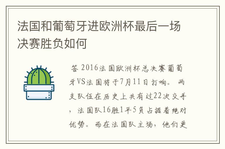 法国和葡萄牙进欧洲杯最后一场决赛胜负如何