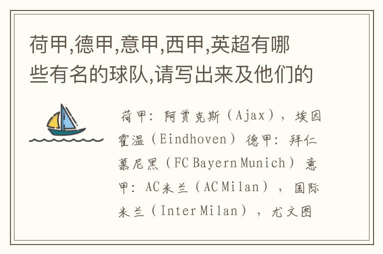 荷甲,德甲,意甲,西甲,英超有哪些有名的球队,请写出来及他们的英文名??