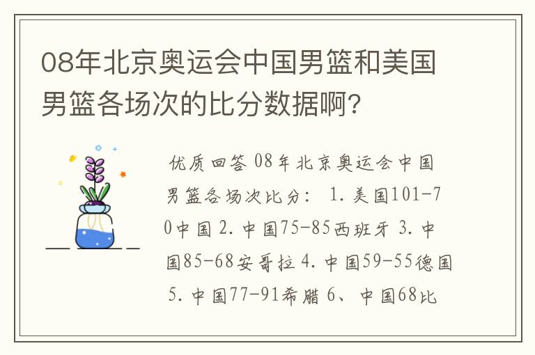 08年北京奥运会中国男篮和美国男篮各场次的比分数据啊?
