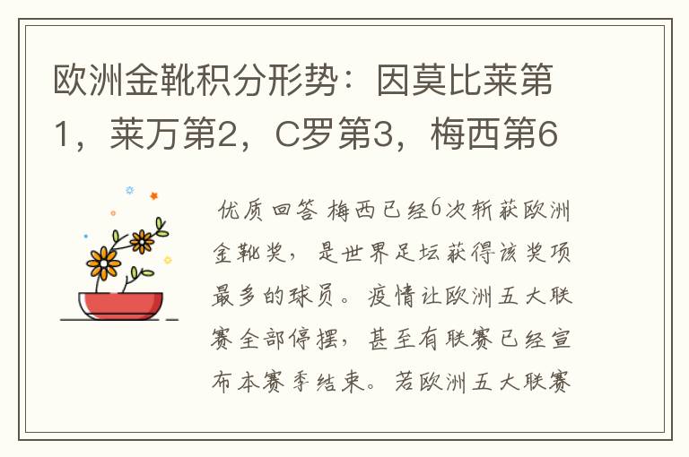 欧洲金靴积分形势:因莫比莱第1,莱万第2,C罗第3,梅西第6