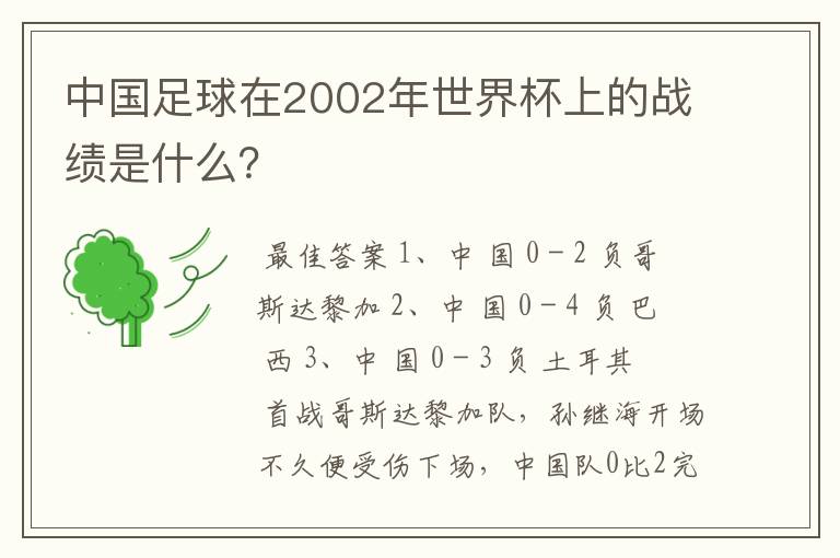 中国足球在2002年世界杯上的战绩是什么?