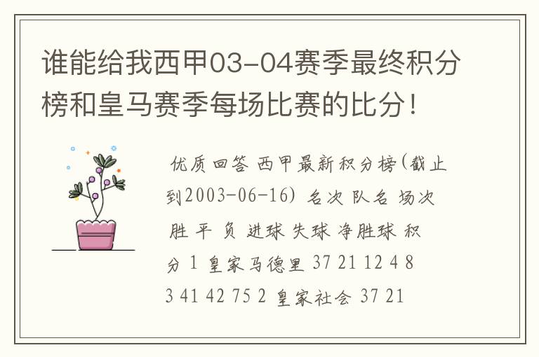 谁能给我西甲03-04赛季最终积分榜和皇马赛季每场比赛的比分!