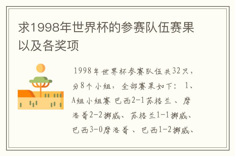 求1998年世界杯的参赛队伍赛果以及各奖项