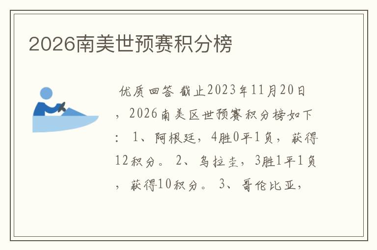 2026南美世预赛积分榜