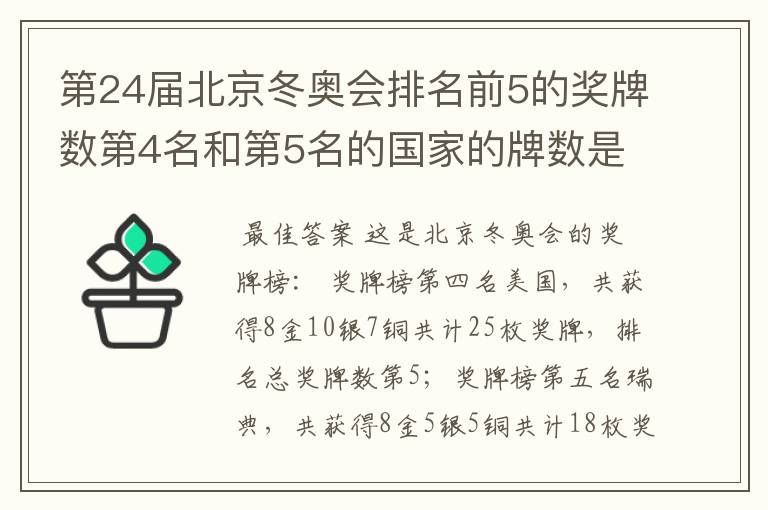 第24届北京冬奥会排名前5的奖牌数第4名和第5名的国家的牌数是多少?