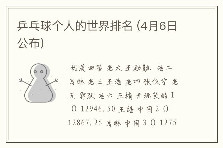 乒乓球个人的世界排名 (4月6日公布)