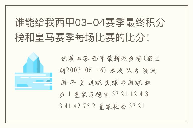 谁能给我西甲03-04赛季最终积分榜和皇马赛季每场比赛的比分!