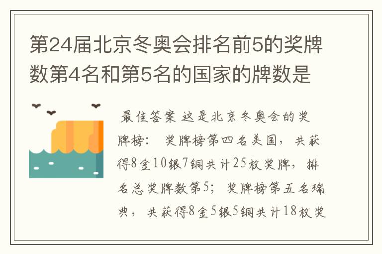 第24届北京冬奥会排名前5的奖牌数第4名和第5名的国家的牌数是多少?