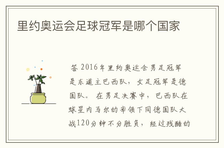 里约奥运会足球冠军是哪个国家