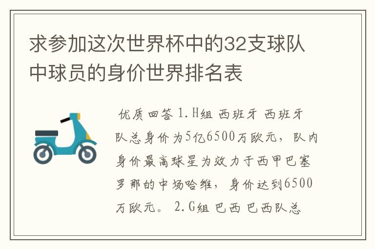 求参加这次世界杯中的32支球队中球员的身价世界排名表