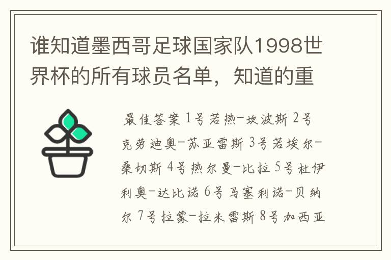 谁知道墨西哥足球国家队1998世界杯的所有球员名单,知道的重赏