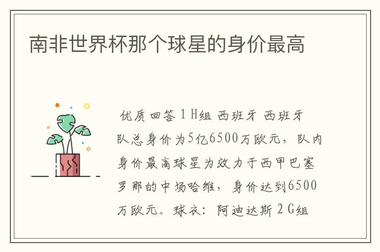 南非世界杯那个球星的身价最高