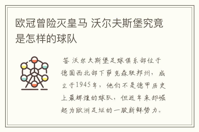 欧冠曾险灭皇马 沃尔夫斯堡究竟是怎样的球队