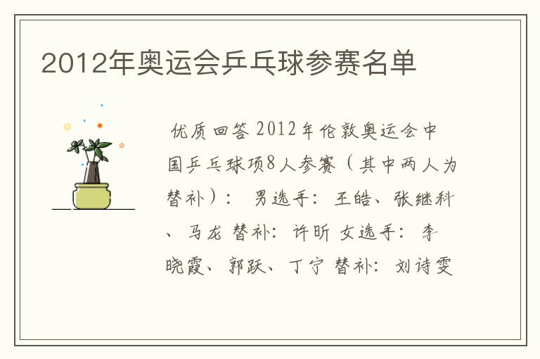 2012年奥运会乒乓球参赛名单