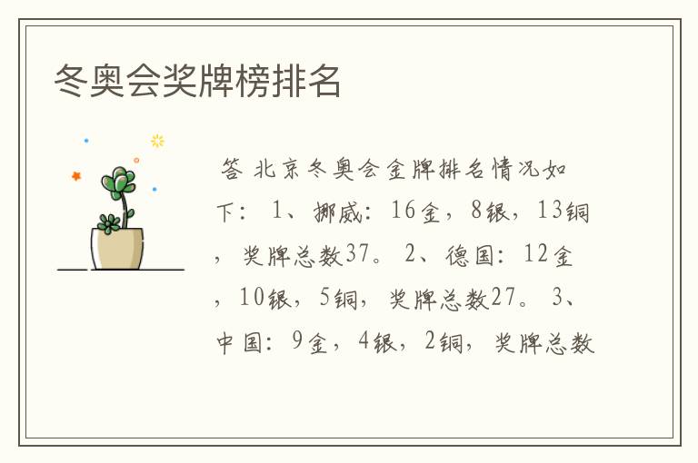冬奥会奖牌榜排名