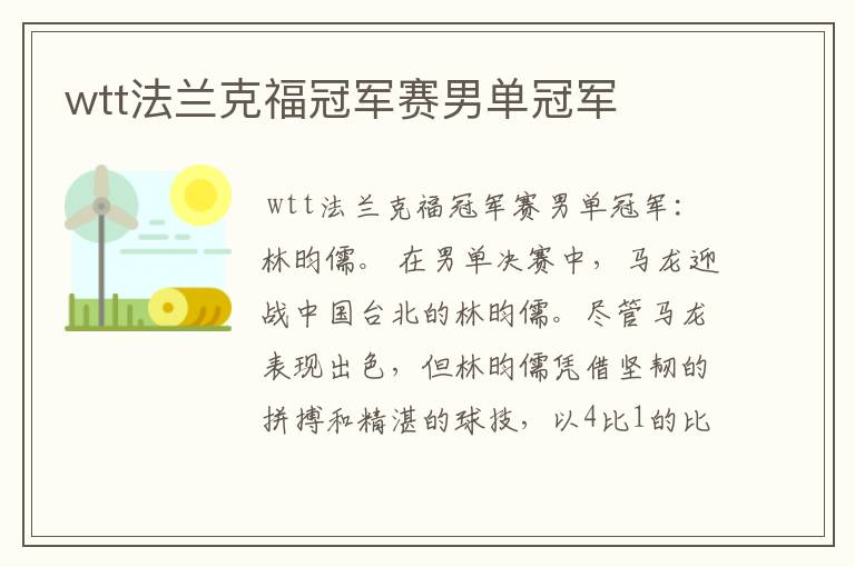 wtt法兰克福冠军赛男单冠军
