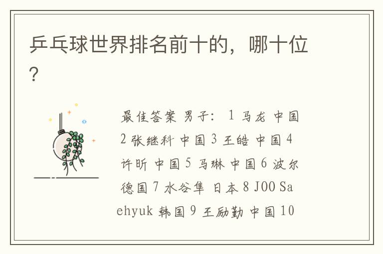 乒乓球世界排名前十的,哪十位?