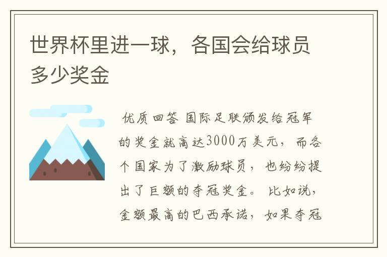 世界杯里进一球,各国会给球员多少奖金