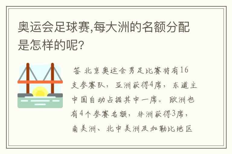 奥运会足球赛,每大洲的名额分配是怎样的呢?