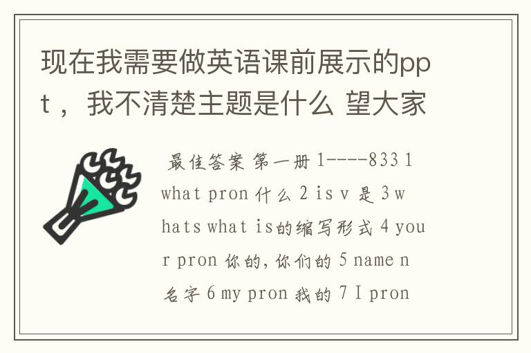 现在我需要做英语课前展示的ppt ,我不清楚主题是什么 望大家给我建议 以及整个流程 时间在10分钟以内 词